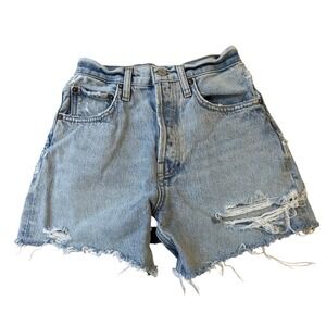 Agolde Riley High Rise Distressed Denim Shorts Light Wash Blue Size 23